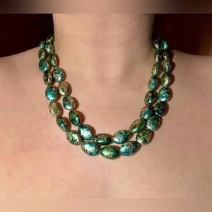 🩵Teal & Emerald Oval Beaded Double Strand Statement Necklace | 18” + 3” Extender